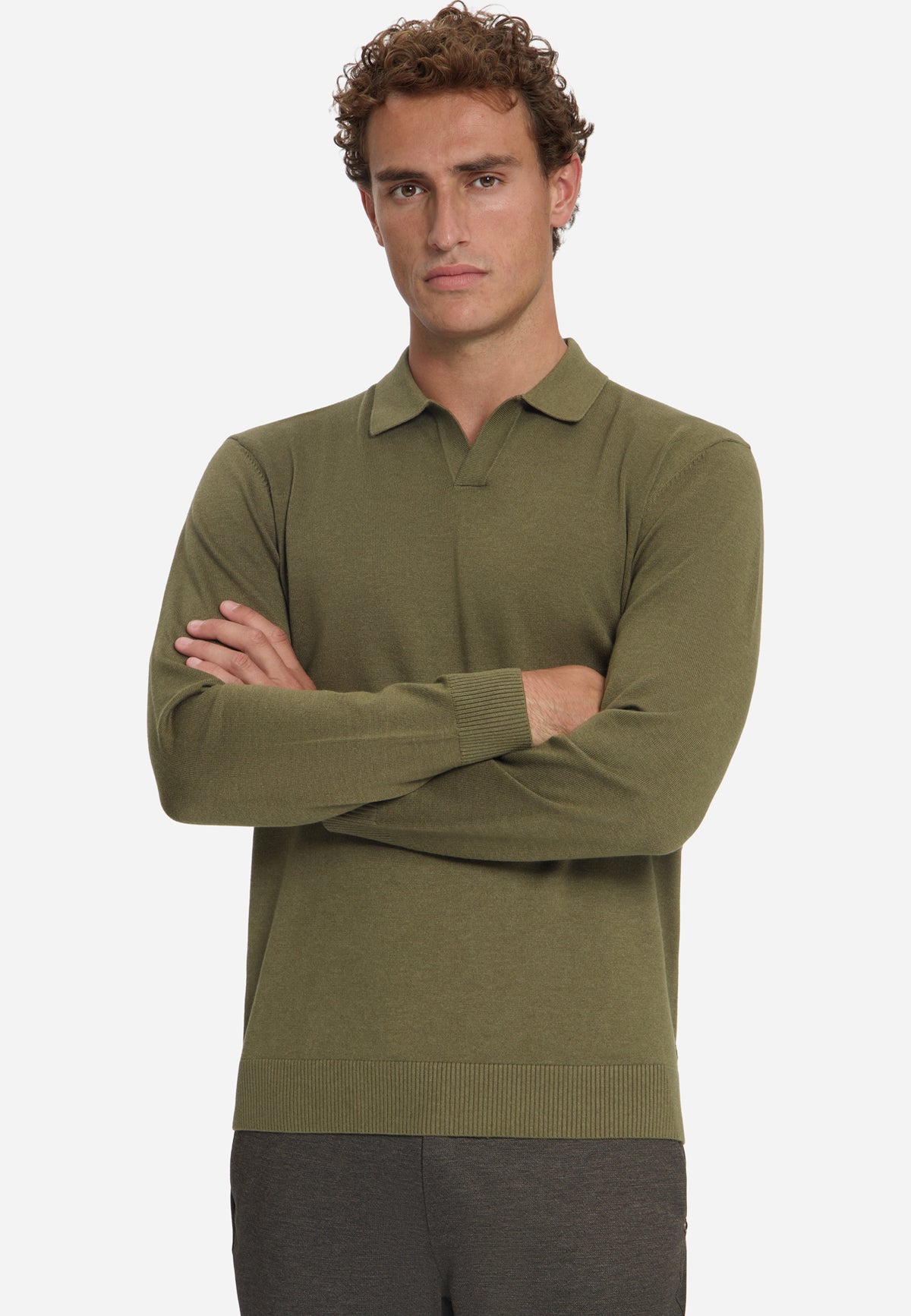 Fine Knit Polo Jumper | Moss