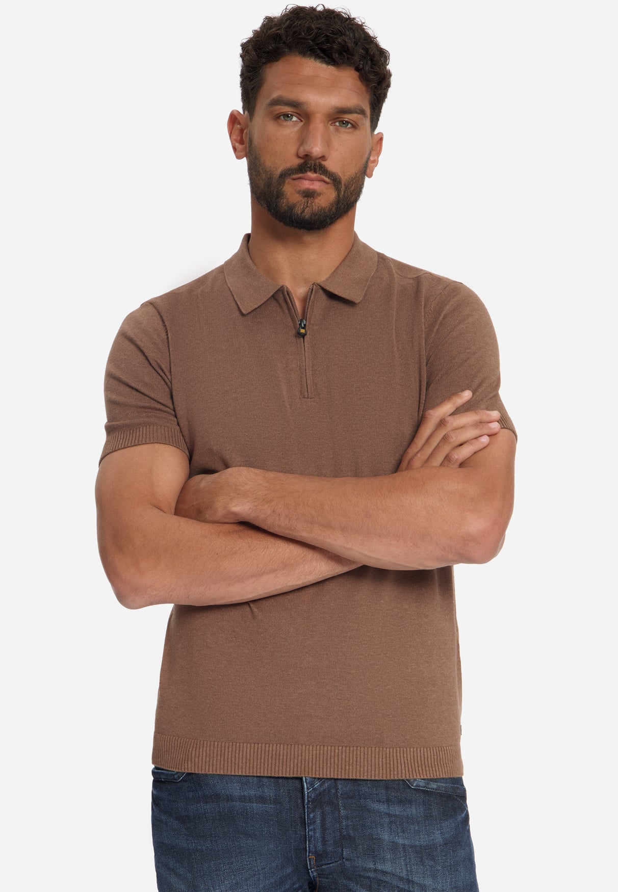 Fine Knit Zip Polo | Light Brown
