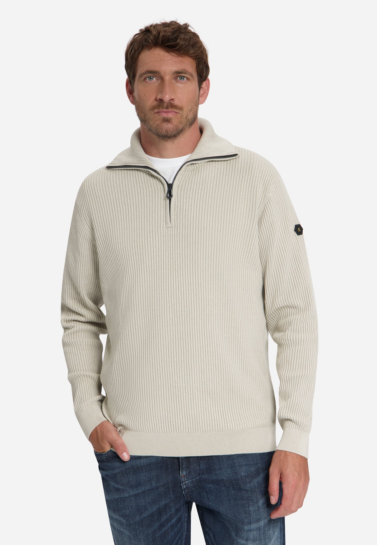 Ribbed Half Zip Jumper | Stone