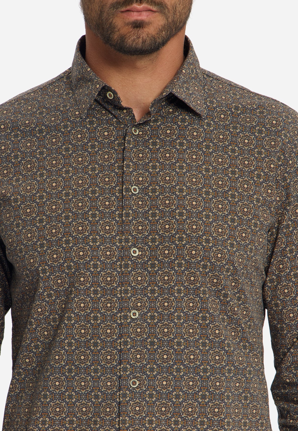 Geometric Print Stretch Shirt | Caramel