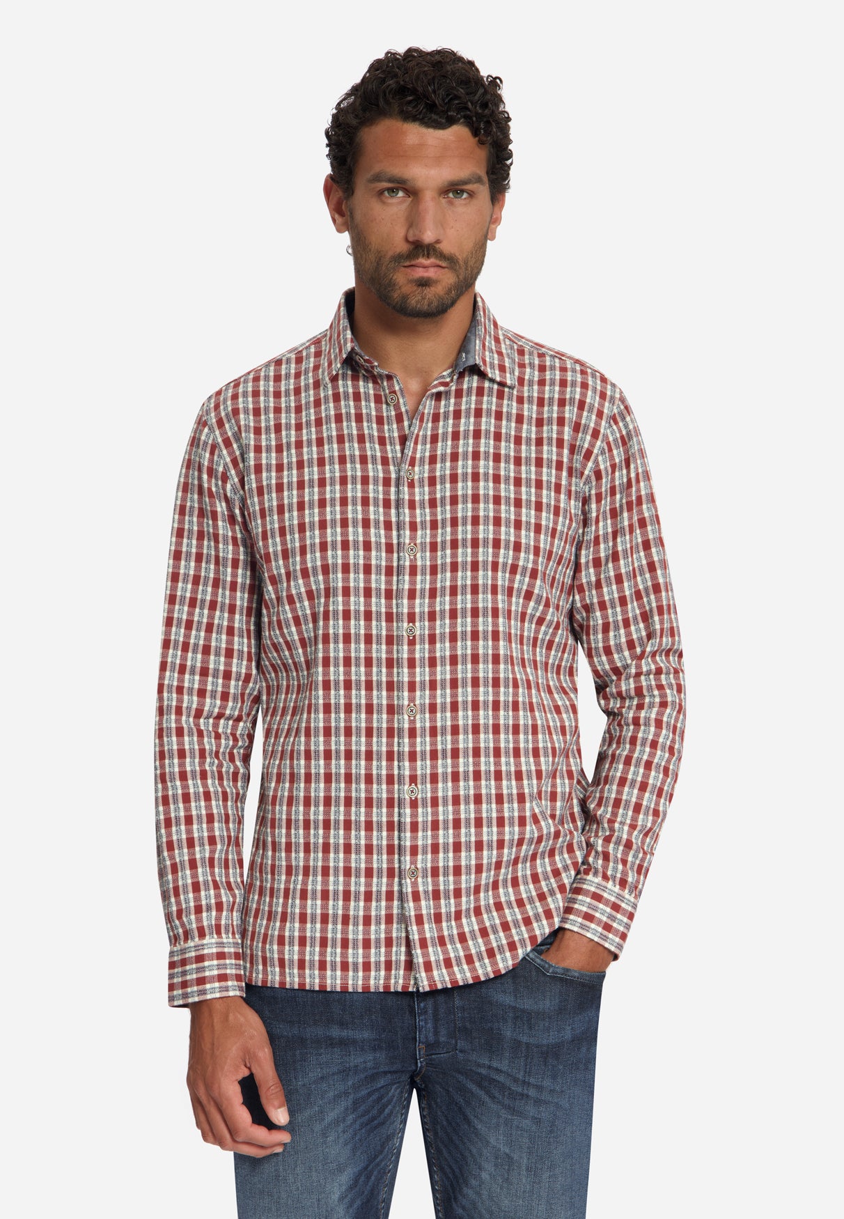 Shirt Yarn Dyed Small Check, Dobby Weave | Cayenne