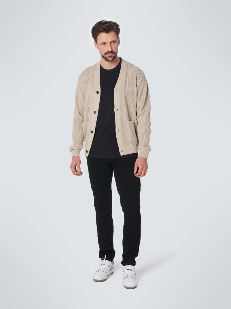 Cardigan Full Button V-Neck Rib Knit | Sand