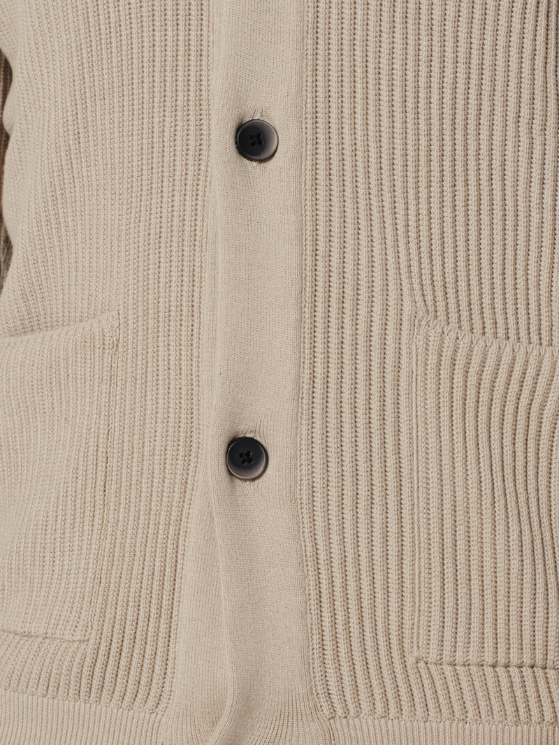 Cardigan Full Button V-Neck Rib Knit | Sand