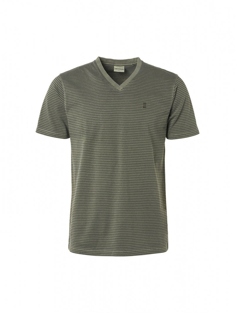 T-Shirt V-Neck 2 Coloured Stripes Garment Dyed | Smoke Green